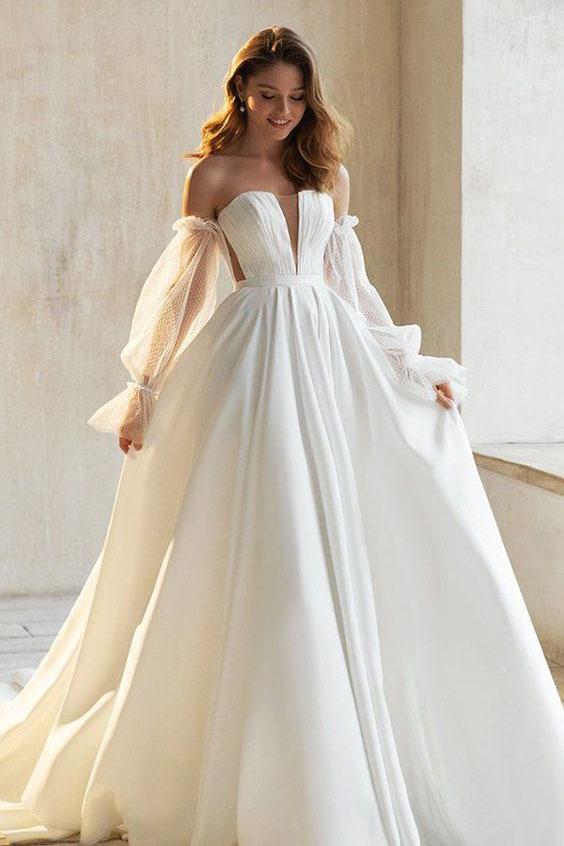 A Line Strapless Long Sleeves Satin Wedding Dress, Special Bridal Dress WLD0007