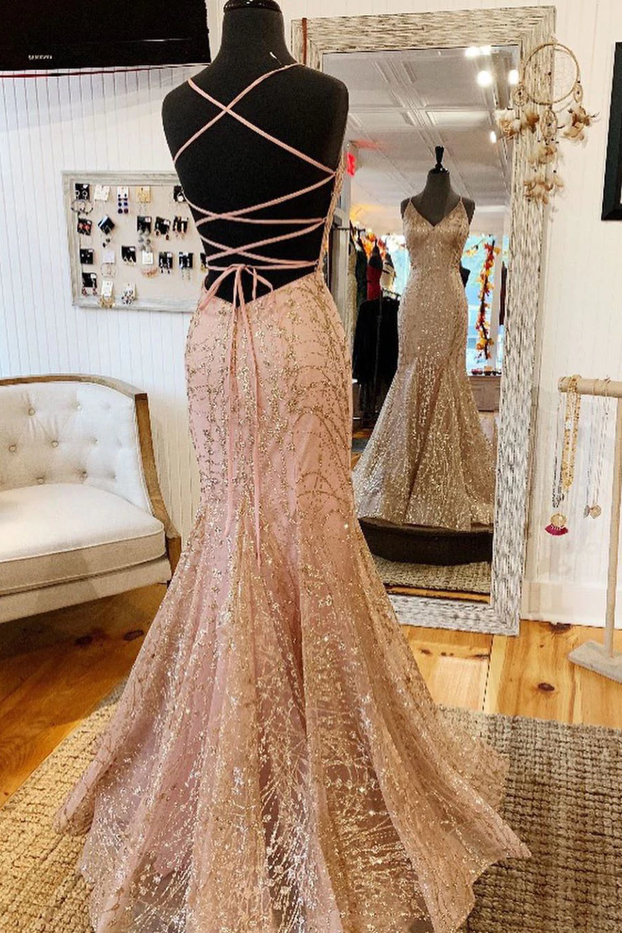 Shiny Rose Gold Mermaid V-Neck Long Prom Dress with Criss Cross Back, Floor-Length Party Dresses WLD0111