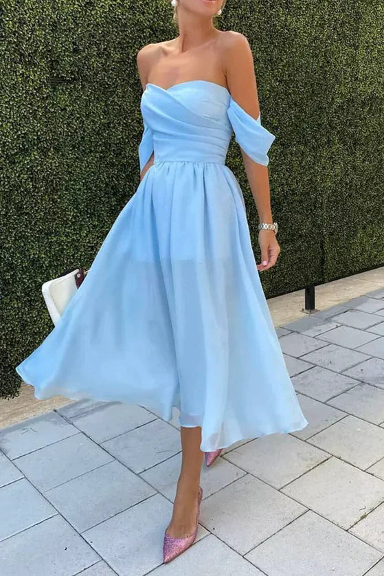 Blue Chiffon Off-the-Shoulder Short Prom Dress, HocoDress, Bridesmaid Dress WLD0134