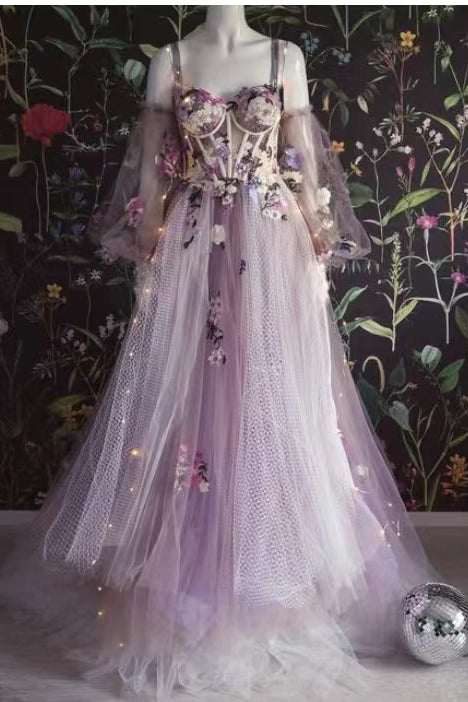 Elegant Dusty Lavender Floral Spaghetti Strap Sweetheart A-line Tulle Long Prom Dress WLD0219