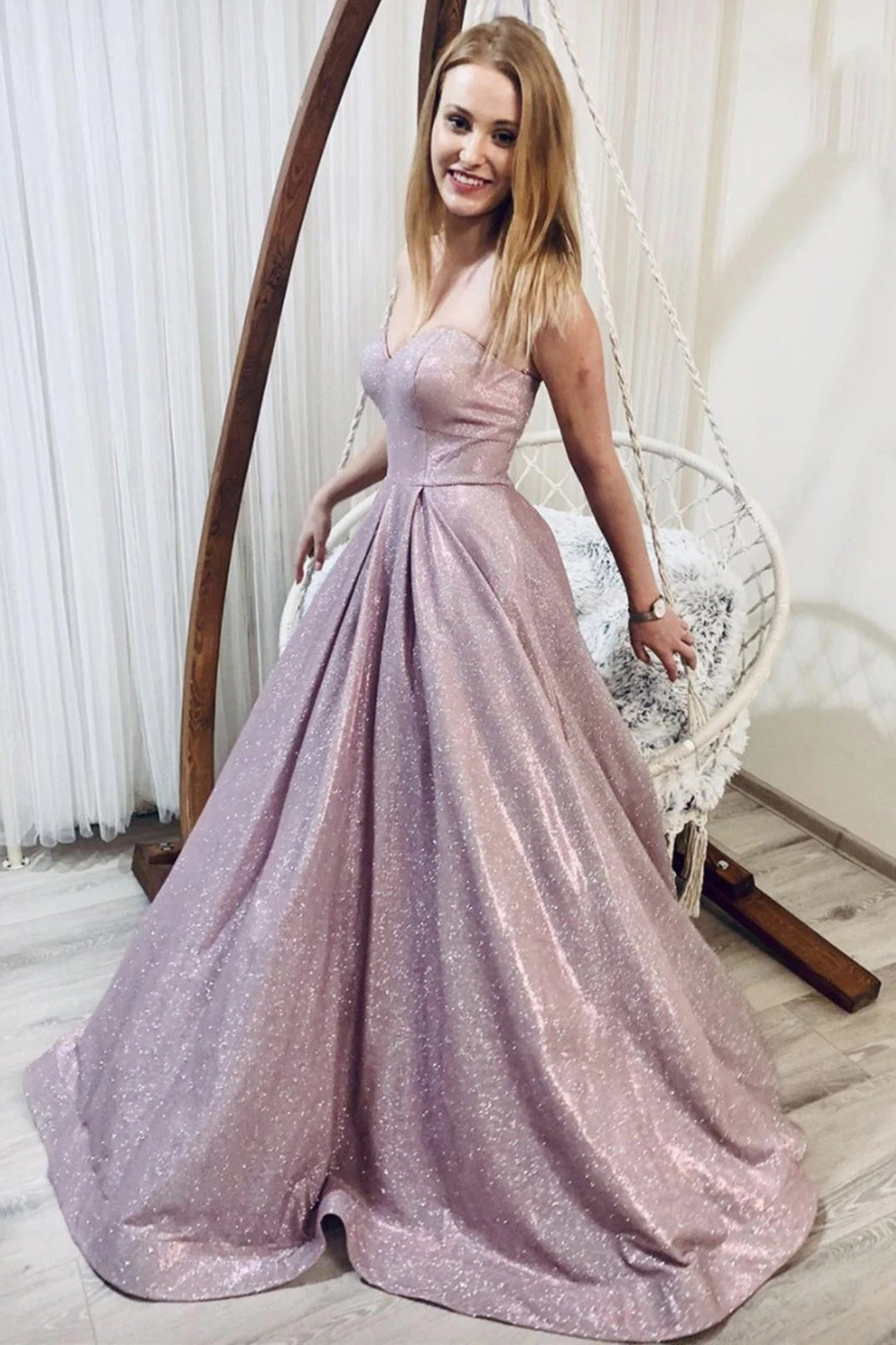Sparkly Sweetheart Neck Pink Long Prom Dresses, Shiny Long Formal Evening Dresses WLD0113
