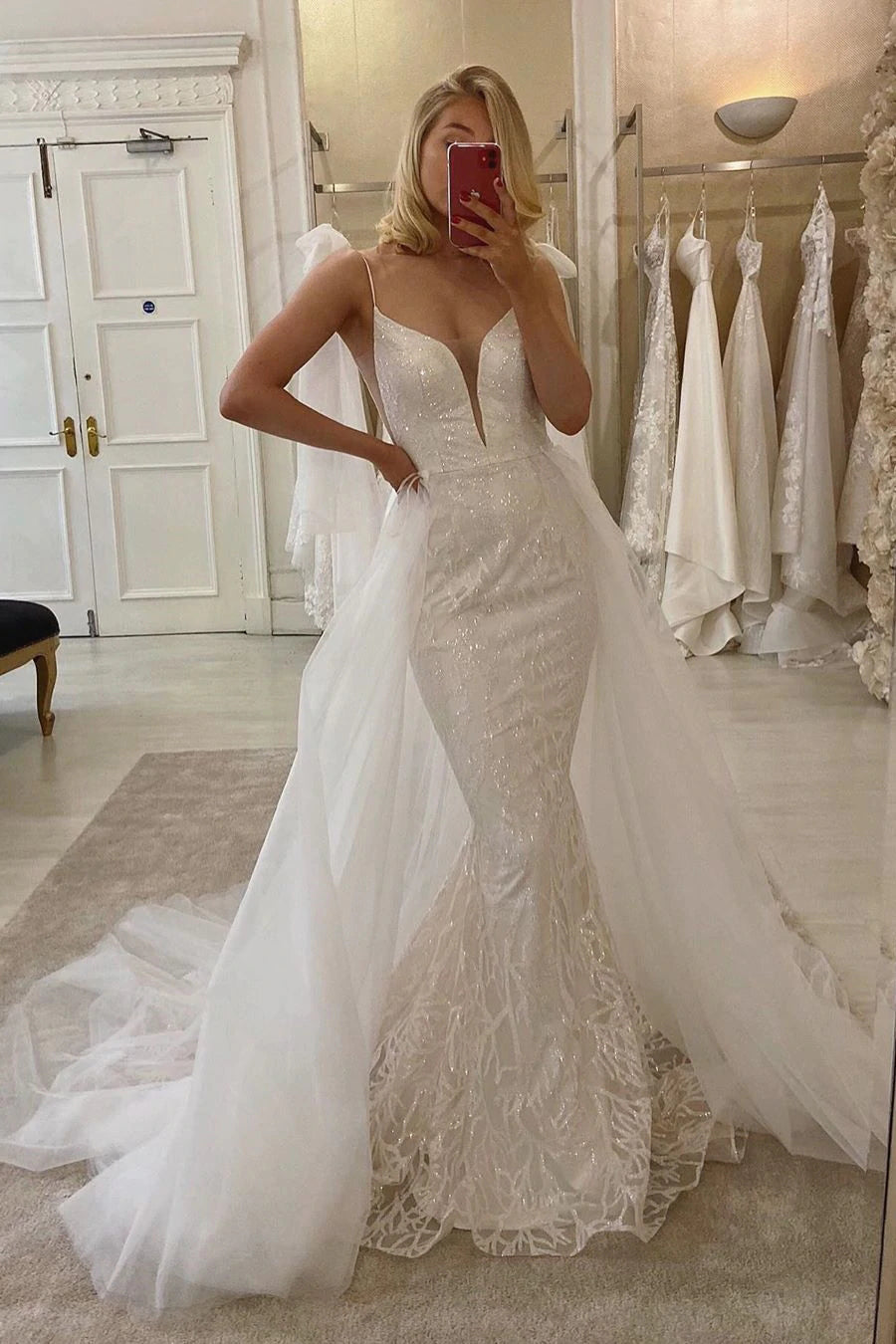 Elegant 2 Pieces Mermaid Sequin lace V-neck Wedding Dresses,Newest Bridal Gown WLD0041