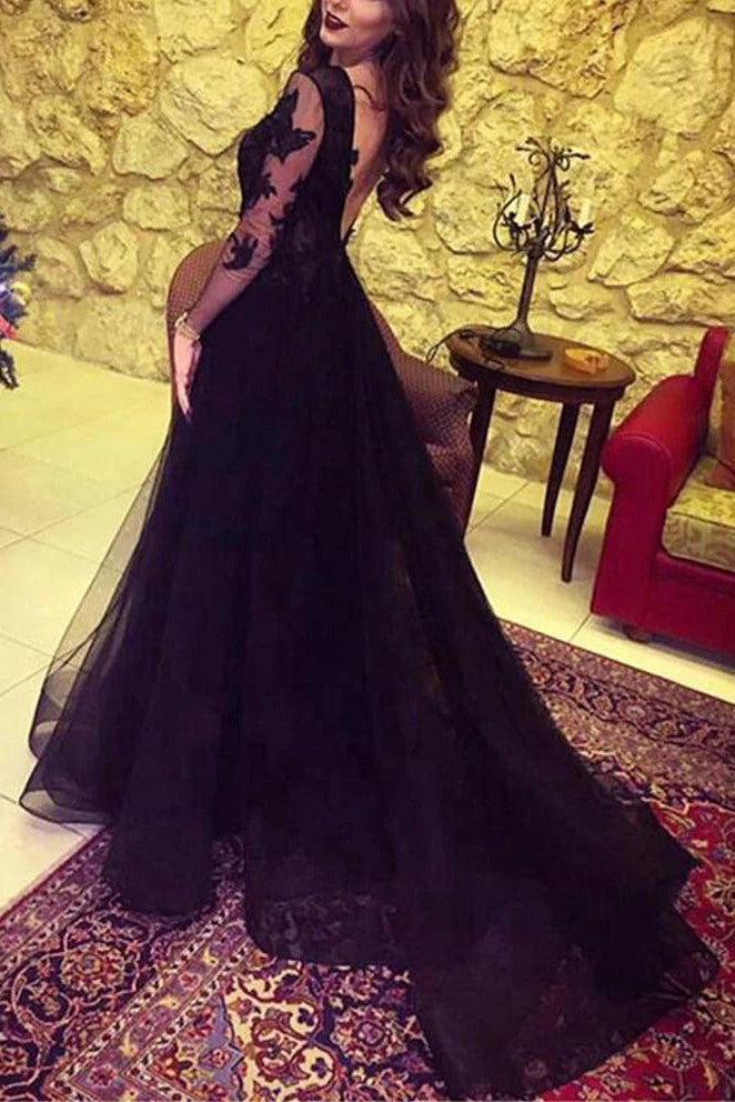 Glamorous Black Lace Long-Sleeve Evening Dress, Prom Dress With Slit WLD0248