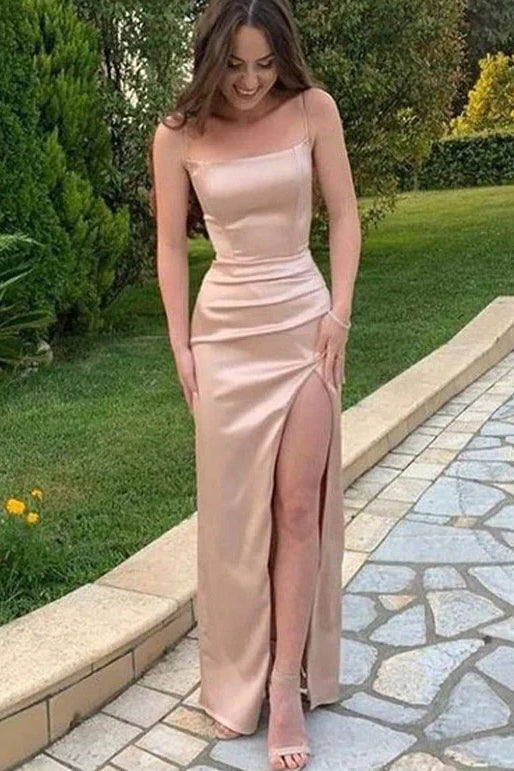 Simple Mermaid Spaghetti Straps Formal Dress, Long Prom Dresses With Slit WLD0238