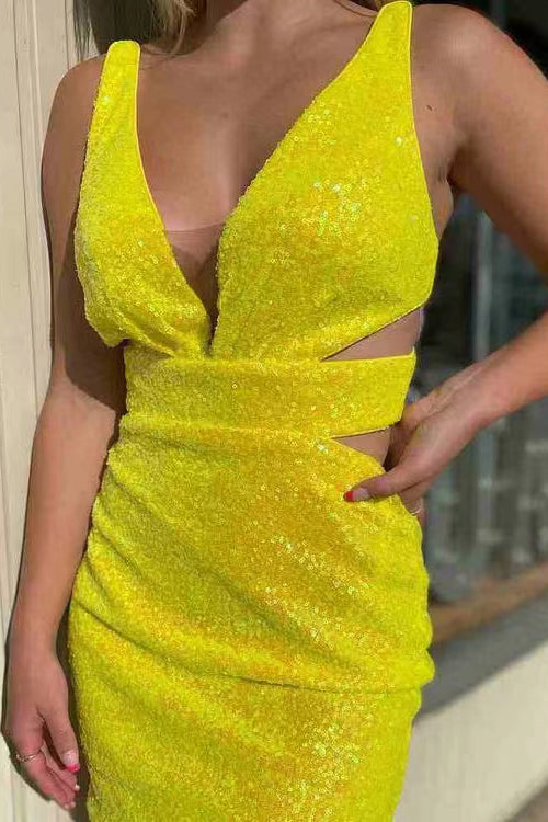 Yellow V Neck Cut Out Bodycon Homecoming Dress, Short Mini Dresses, Hoco Dress WLD0140