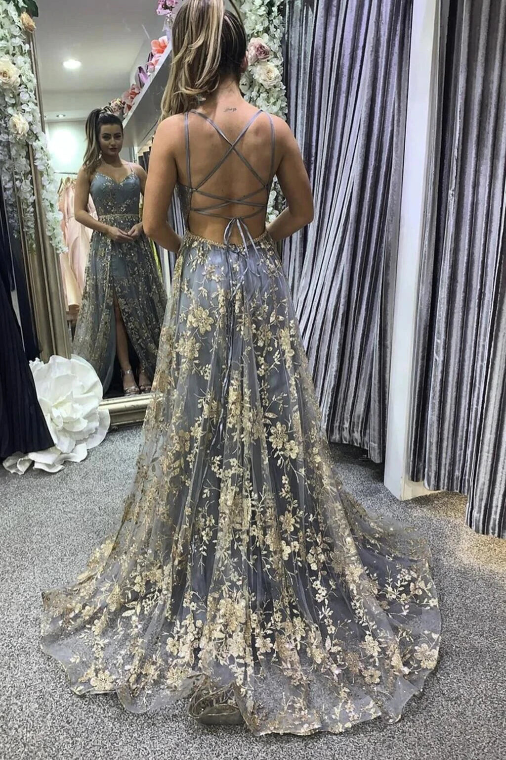 A line V-Neck Gray Tulle Long Prom Dress With Lace,Spaghetti Straps Evening Gown WLD0116