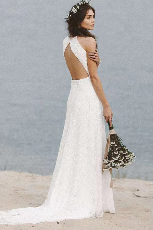 Simple A Line White Lace Wedding Dress With Sweep Train,Backles Long Beach Wedding Dress WLD0131