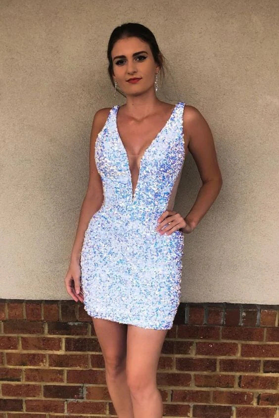 Tight White Sequins Short Homecoming Dress,Mini Dress WLD0063