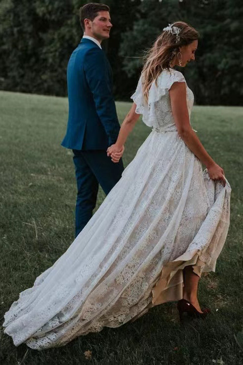 Cap Sleeves Lace V Back Beach Wedding Dresses, Elegant Bride Gowns WLD0137