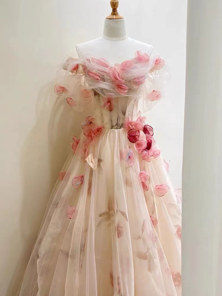 A-Line Off-the-Shoulder 3D flowers Long Prom Dress, Strapless Formal Dress CHP0354