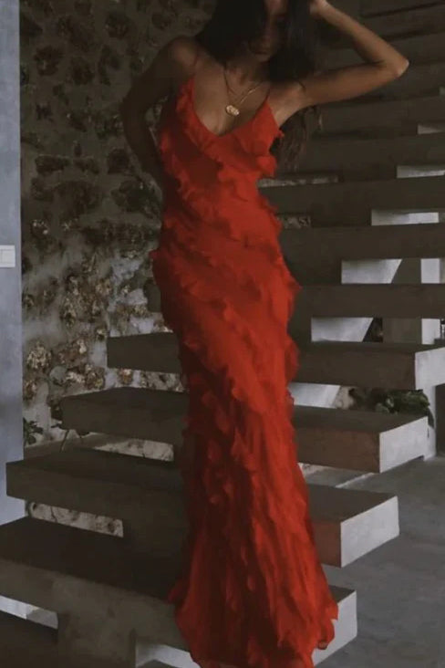 New Red Ruffles V Neck Long Formal Dress, Elegant Evening Dress WLD0229