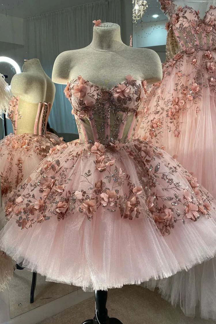 Princess Sweetheart Homecoming Dresses with Sequin 3d Flowers, Pink Sweet 16 Dresses WLD0113