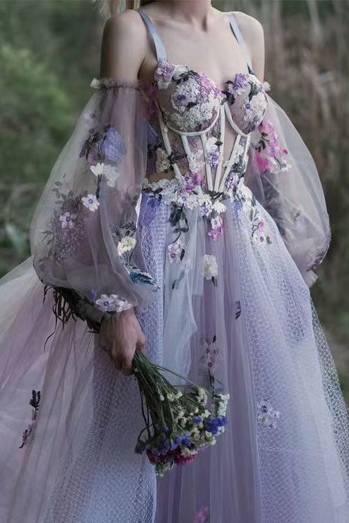 Elegant Dusty Lavender Floral Spaghetti Strap Sweetheart A-line Tulle Long Prom Dress CHP0219