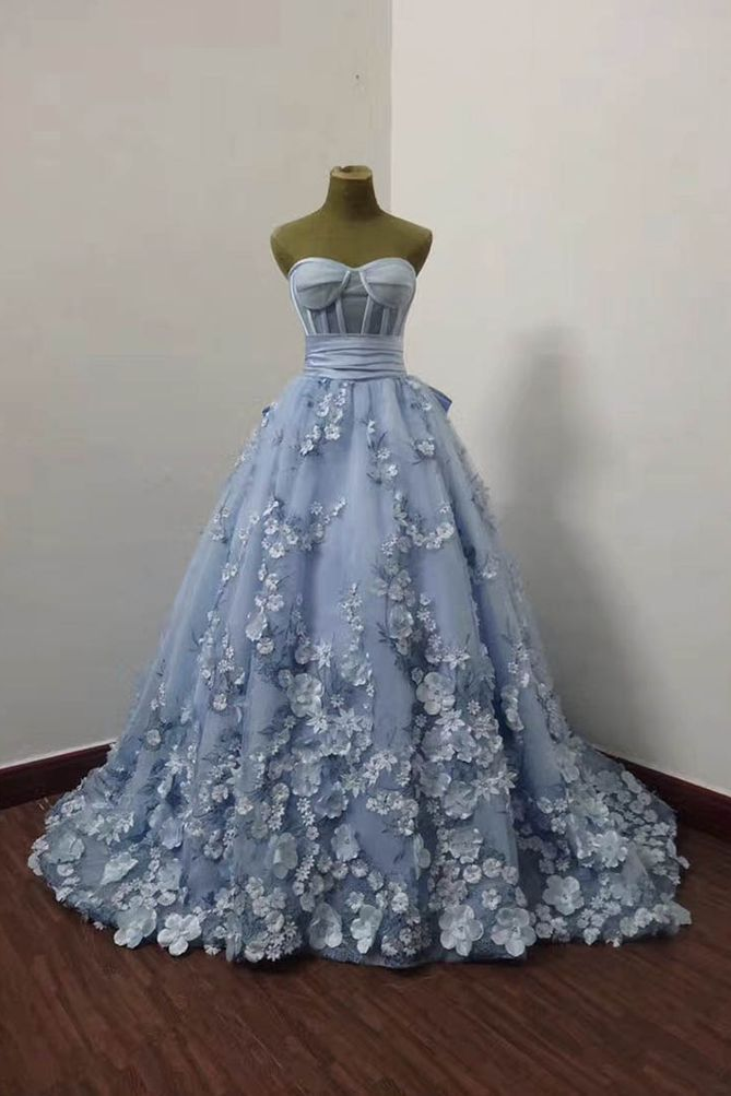 Gorgeous Blue Tulle Long Prom Dress With Applique, Evening Dress CHP0184