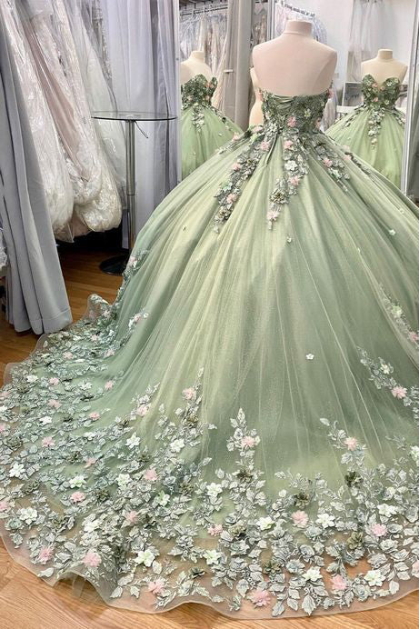 Sweetheart Green Ball Gown Tulle Long Prom Dress With Applique, Quinceañera Dress CHP0224