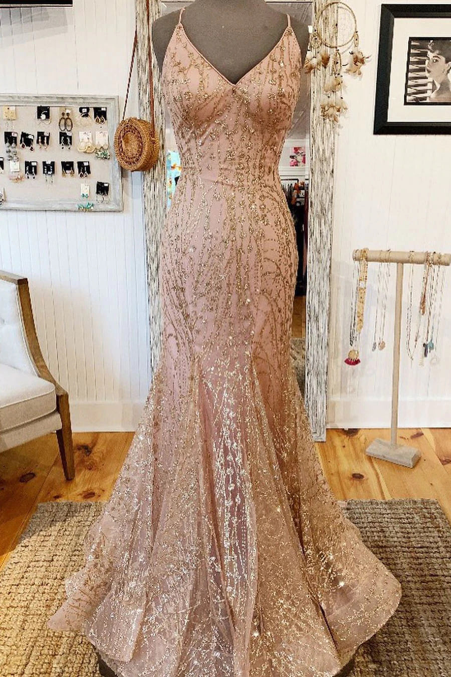 Shiny Rose Gold Mermaid V-Neck Long Prom Dress with Criss Cross Back, Floor-Length Party Dresses CHP0111