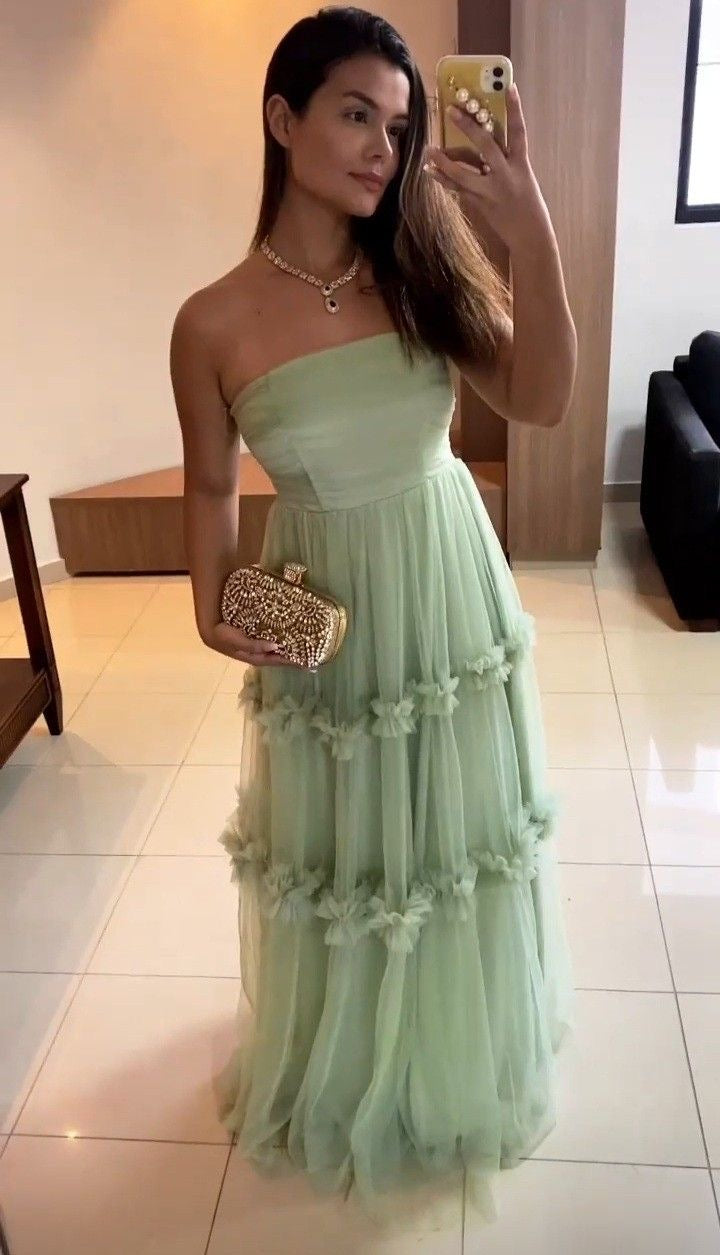Elegant Strapless Long Mint Green Prom Dress Tulle Formal Party Gown WLD0370
