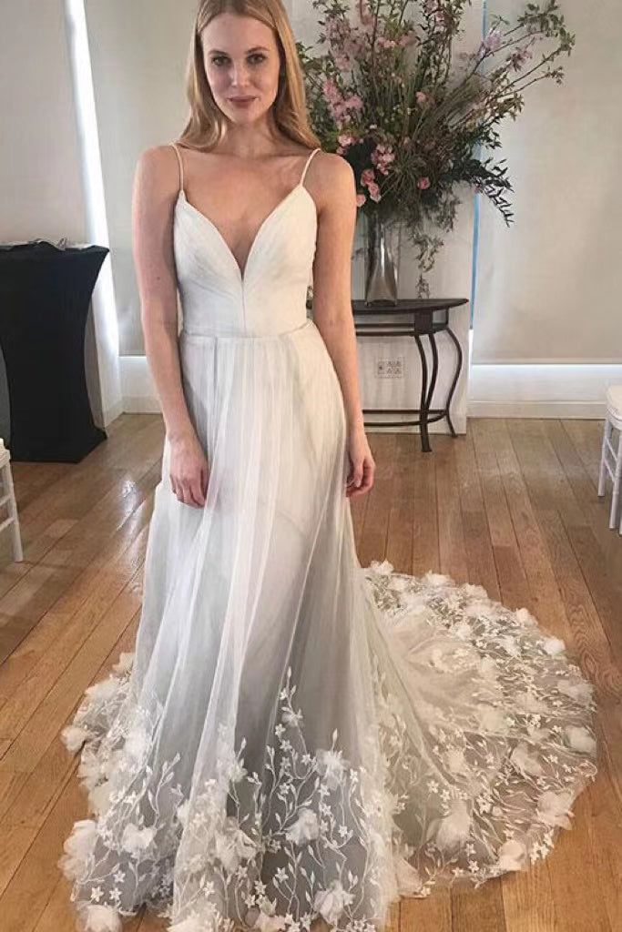Deep V Neck Spaghetti Straps Ivory Appliques Bottom Backless Wedding Dresses, Bridal Gown WLD0162