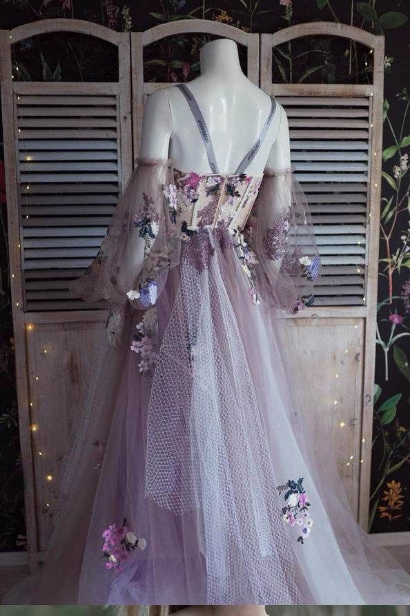 Elegant Dusty Lavender Floral Spaghetti Strap Sweetheart A-line Tulle Long Prom Dress WLD0219