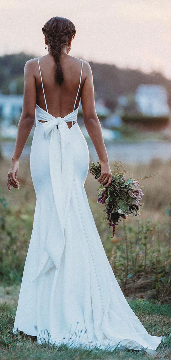 Mermaid Spaghetti Straps Beach Wedding Dresses With Bowknot, Bridal Gown WLD0156