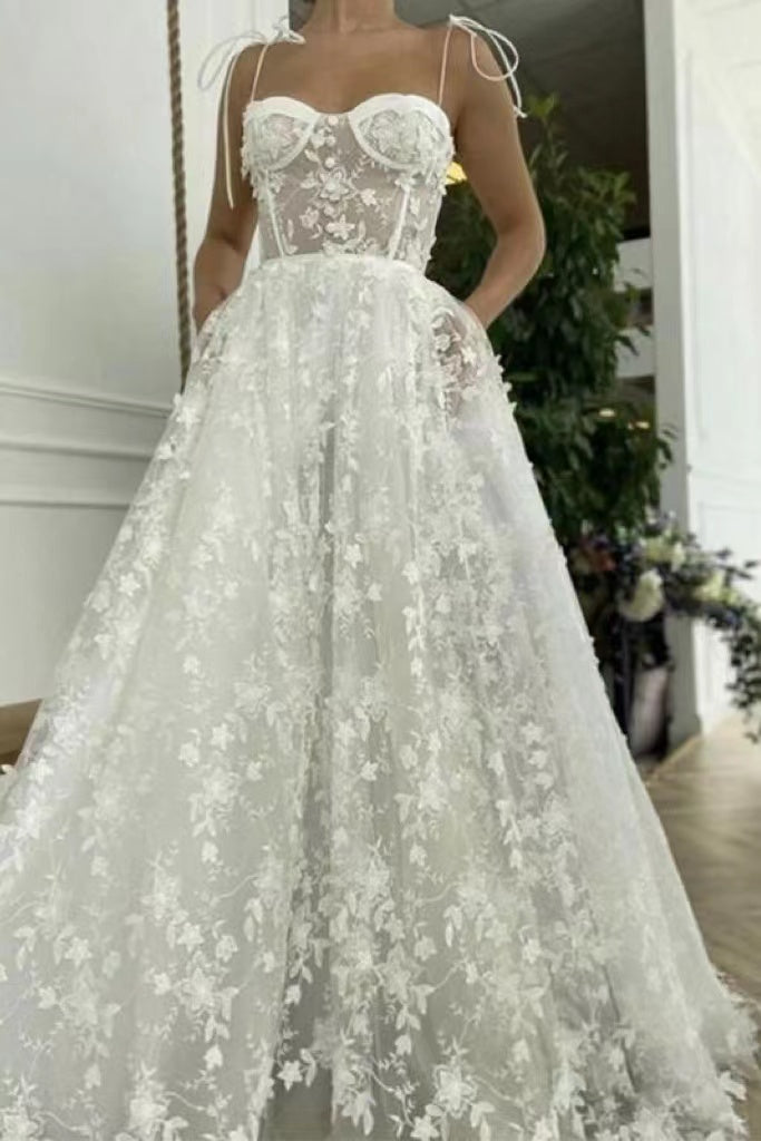 A-Line Spaghetti Straps Beach Wedding Dresses With Applique,Simple Bridal Gown WLD0160