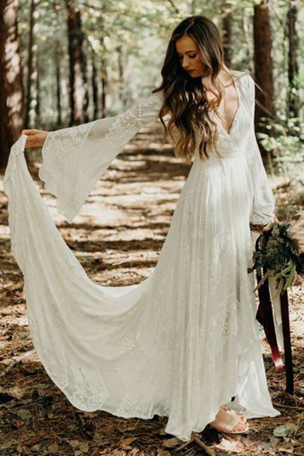 Deep V-Neck Long Sleeves Lace Appliques Wedding Dresses, Bridal Gown WLD0158