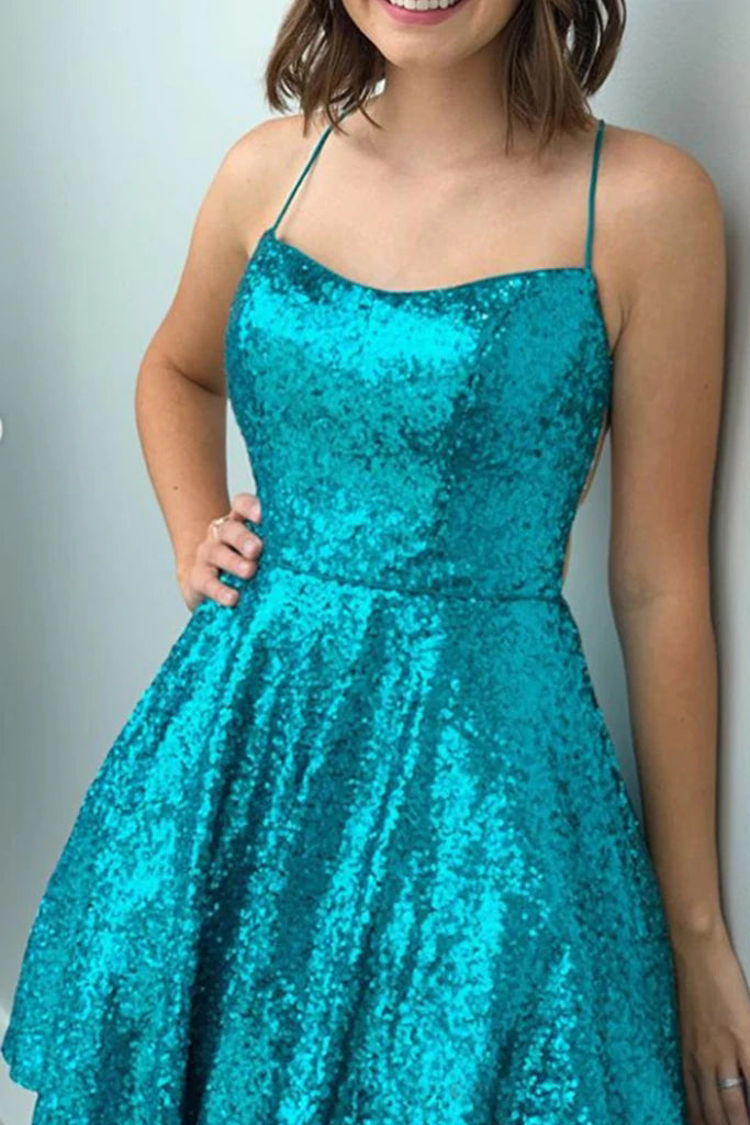 Spaghetti Straps Blue Sequins Short Homecoming Dress,Mini Dress WLD0064