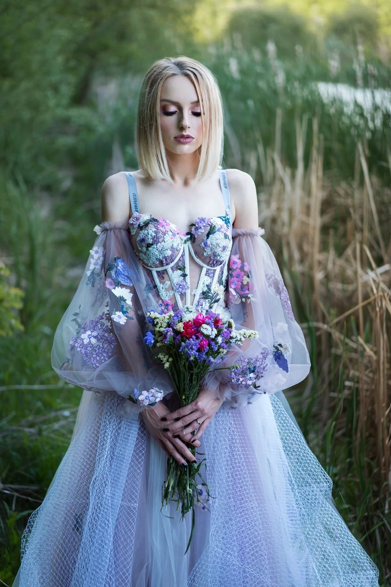 Elegant Dusty Lavender Floral Spaghetti Strap Sweetheart A-line Tulle Long Prom Dress WLD0219