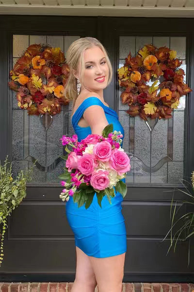 Elegant Blue Short Prom Dresses, Off the Shoulder Bodycon Homecoming Dress WLD0131