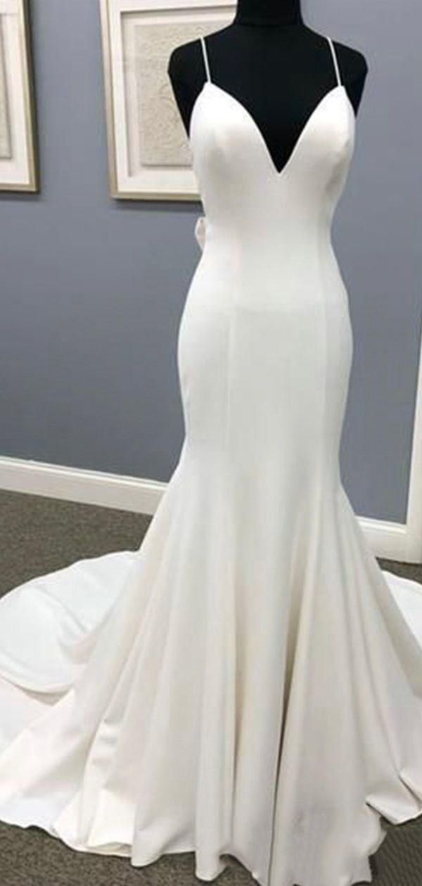 Mermaid Spaghetti Straps Beach Wedding Dresses With Bowknot, Bridal Gown WLD0156