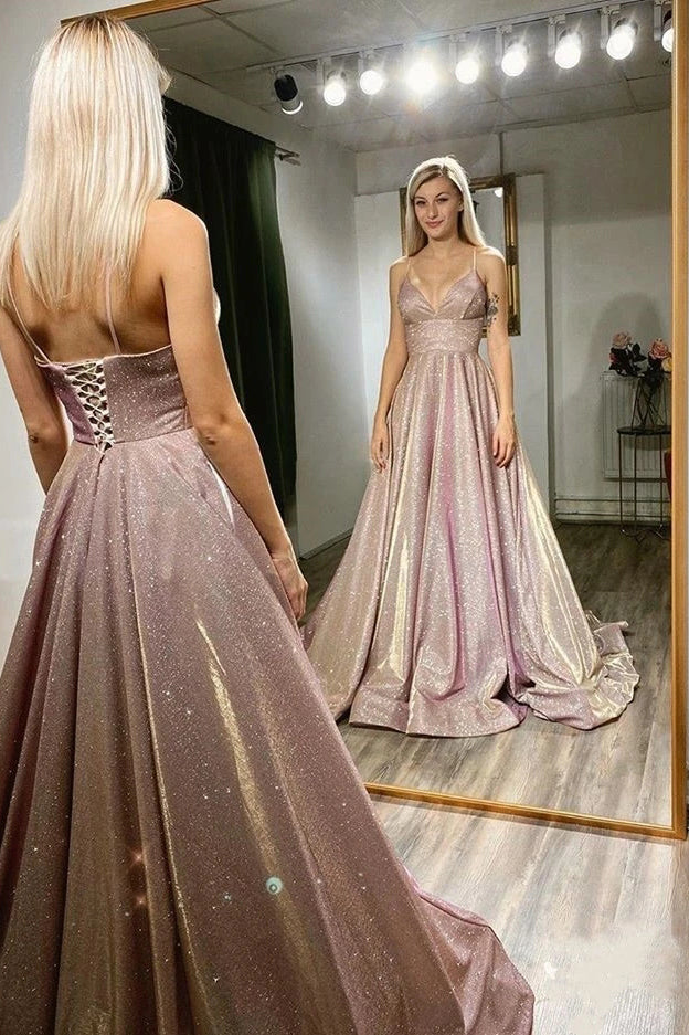 Sparkly A-line V Neck Pink Long Prom Dresses, Shiny Long Formal Evening Dresses WLD0114