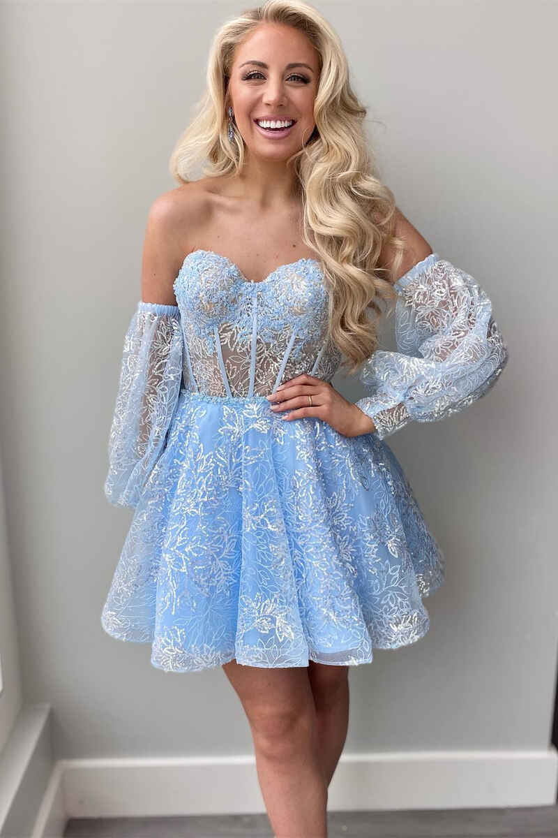 Sparkly Detachable Sleeve Homecoming Dress, Short Prom Dresses Mini Prom Gown WLD0125