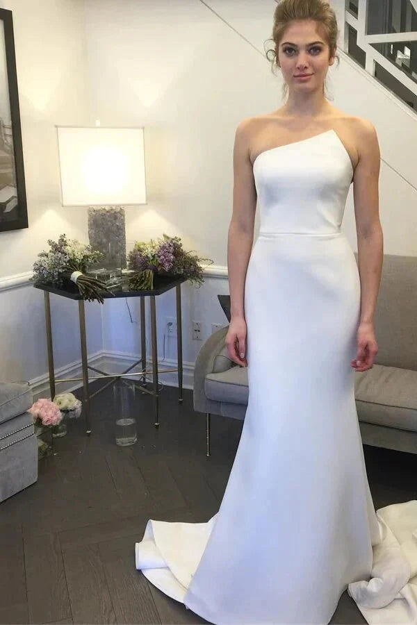 Simple Mermaid Ivory Strapless Wedding Dresses With Train, Bridal Gown WLD0194
