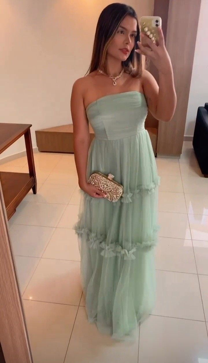 Elegant Strapless Long Mint Green Prom Dress Tulle Formal Party Gown WLD0370
