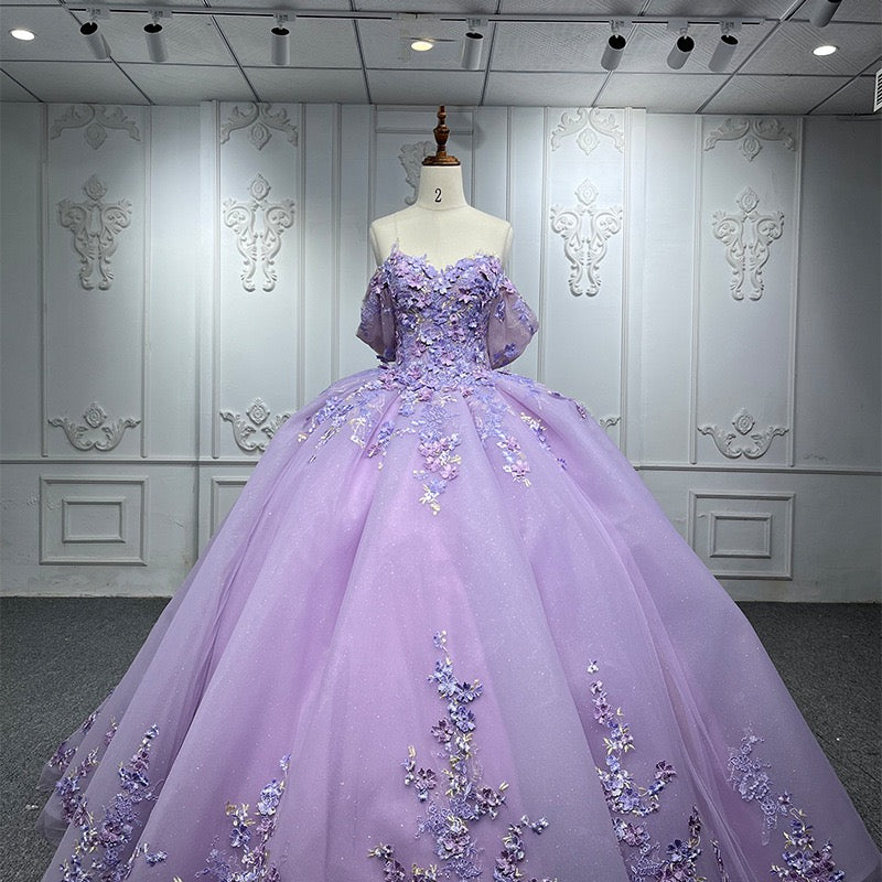 Purple Off The Shoulder Ball Gown Prom Dress, Princess Quinceanera Dresses With Applique WLD0269