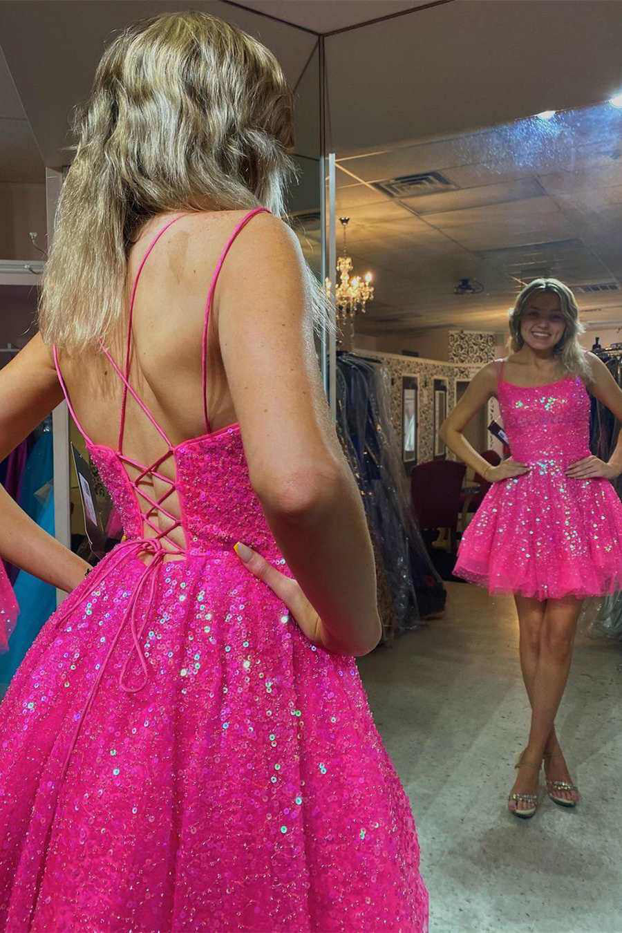 Sparkly A-line Barbie Pink Sequins Short Party Dress,Mini Prom Dress, Graduation Dresses WLD0070