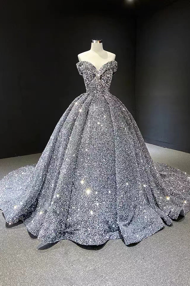 Shiny Green Sequins Ball Gown Prom Dresses, Gorgeous Off the Shoulder Quinceanera Dresses WLD0178