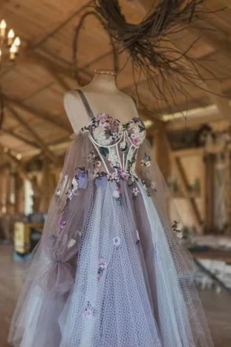 Elegant Dusty Lavender Floral Spaghetti Strap Sweetheart A-line Tulle Long Prom Dress WLD0219