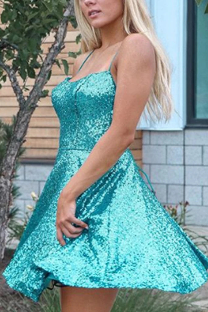 Spaghetti Straps Blue Sequins Short Homecoming Dress,Mini Dress WLD0064