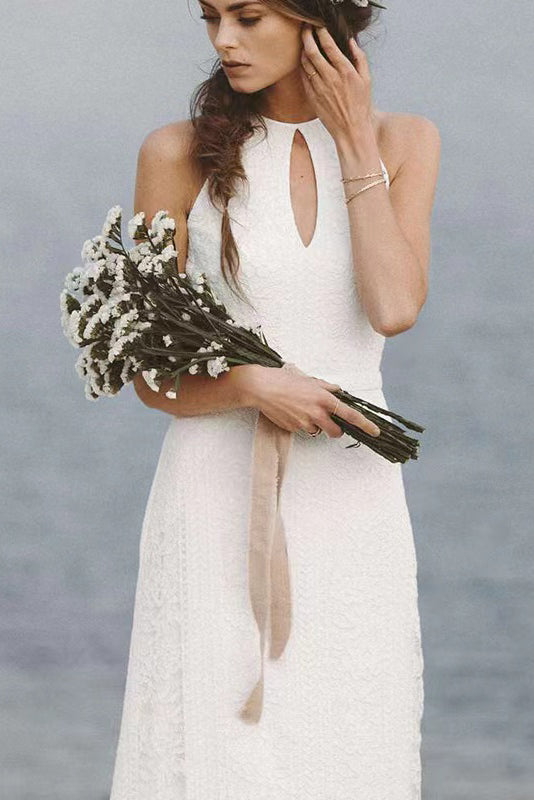 Simple A Line White Lace Wedding Dress With Sweep Train,Backles Long Beach Wedding Dress WLD0131