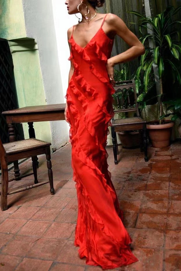 New Red Ruffles V Neck Long Formal Dress, Elegant Evening Dress WLD0229