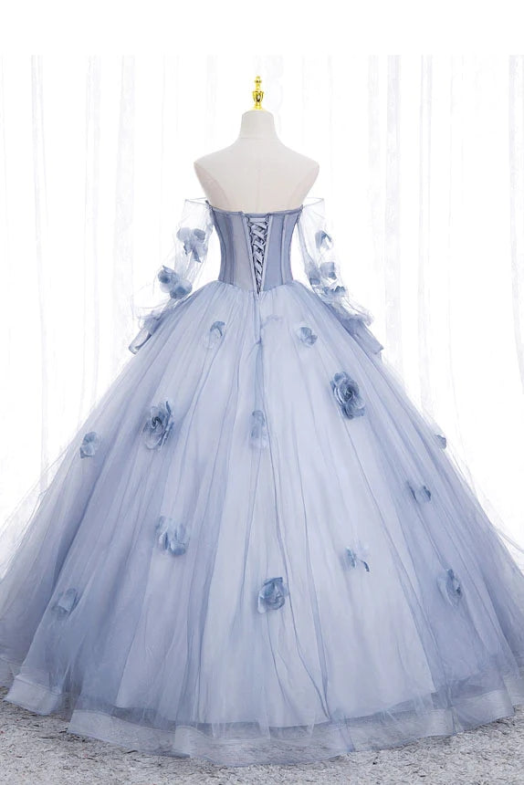 Off The Shoulder Blue Tulle Prom Dress With Flowers, Princess Quinceanera WLD0254