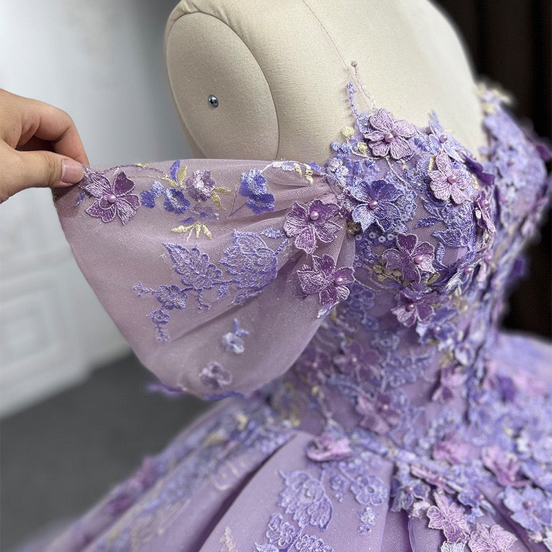 Purple Off The Shoulder Ball Gown Prom Dress, Princess Quinceanera Dresses With Applique WLD0269
