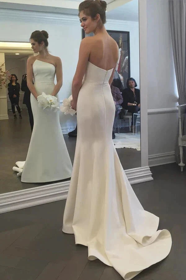 Simple Mermaid Ivory Strapless Wedding Dresses With Train, Bridal Gown WLD0194