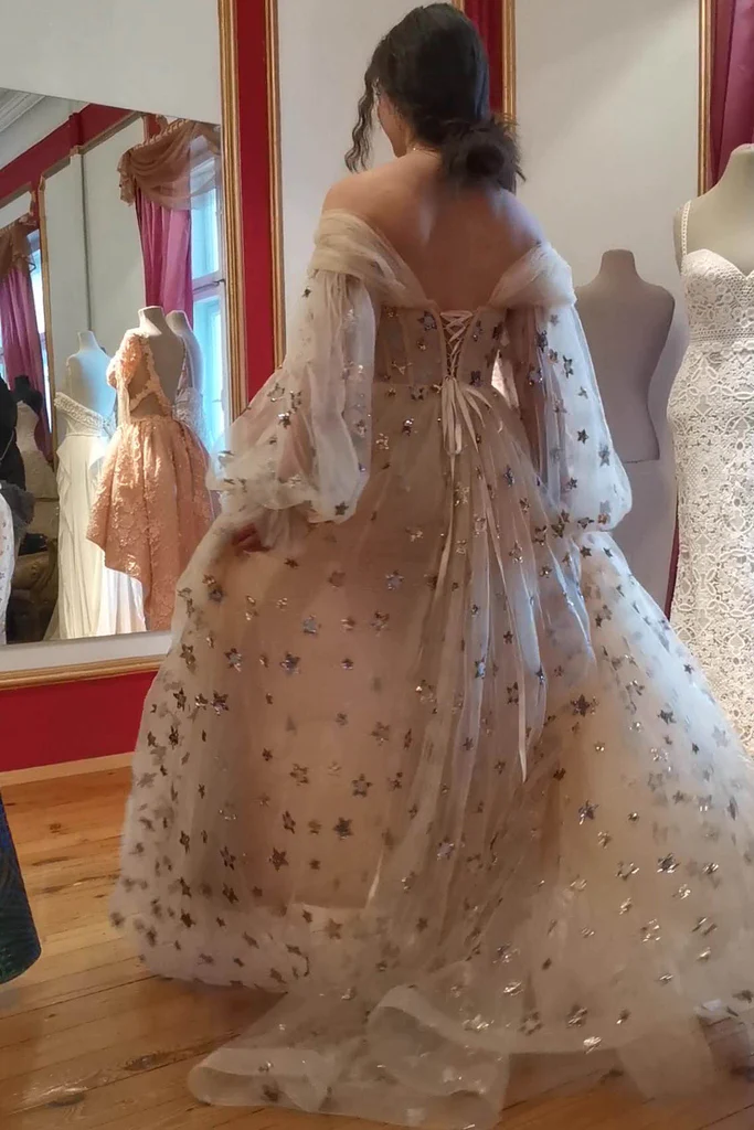 Sparkly Off The Shoulder Stars Long Party Gown, Princess Tulle Starry Prom Dress WLD0253