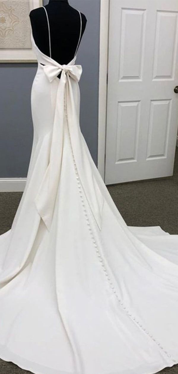 Mermaid Spaghetti Straps Beach Wedding Dresses With Bowknot, Bridal Gown WLD0156