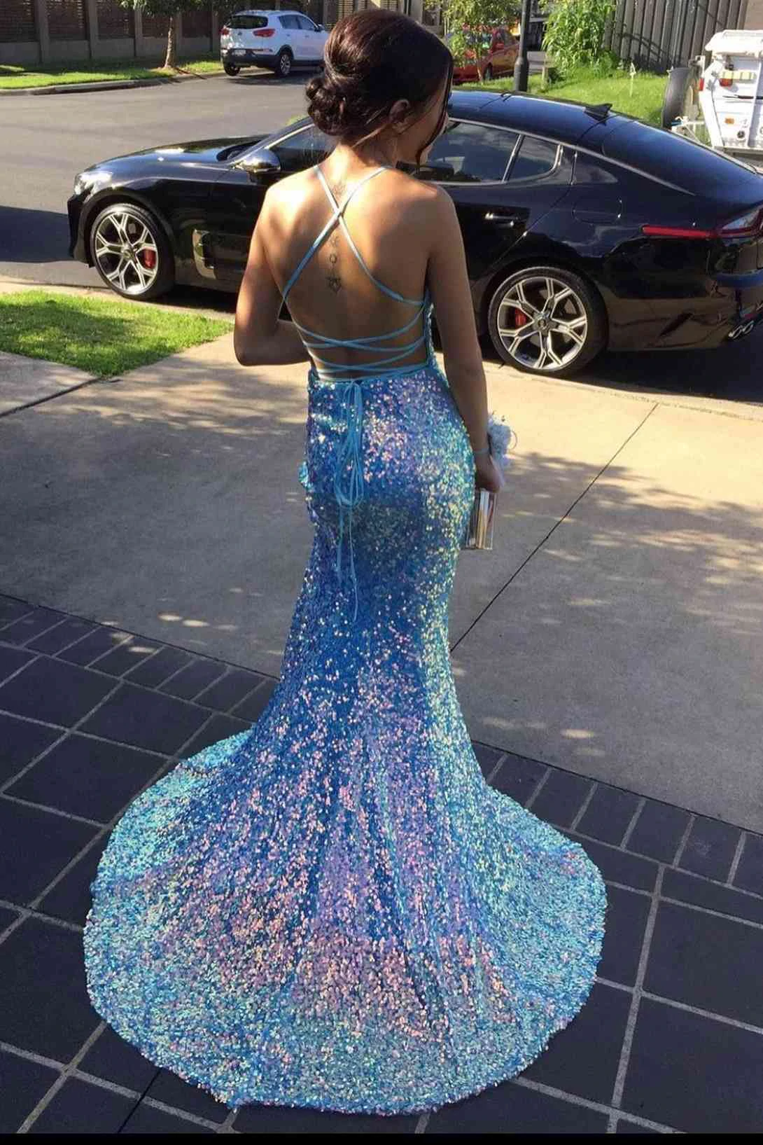 Sparkly Light Blue Sequin V-Neck Backless Mermaid Formal Dresses, Long Prom Dress with Sequins WLD0112