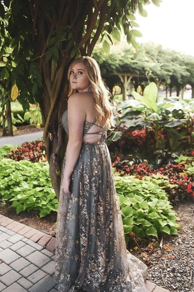 A line V-Neck Gray Tulle Long Prom Dress With Lace,Spaghetti Straps Evening Gown WLD0116