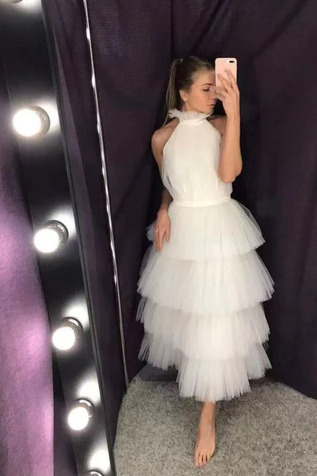 Gorgeous Ankle-Length Halter Tulle Prom Dress With Layers ,Tulle Formal Gown WLD0164