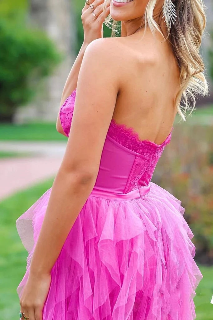 Sweetheart A-Line Hot Pink Tulle Ruffle Lace Long Prom Dresses, Slit Long Formal Gown WLD0356